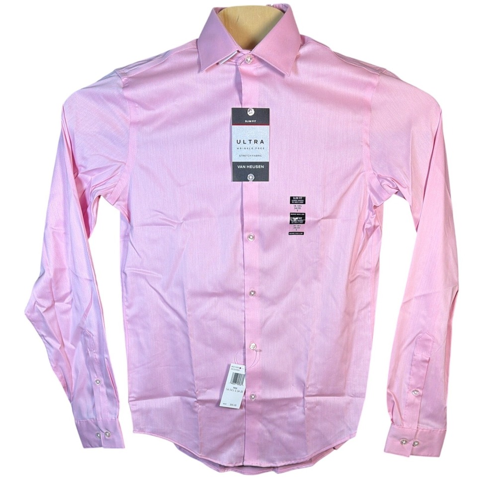Van Heusen Dress Shirt Mens S Slim Fit Ultra Wrinkle Free Rose Pink Stretch NEW